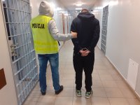 w areszcie policjant ubrany w kamizelkę odblaskową z napisem POLICJA prowadzi zatrzymanego który ma założone kajdanki na ręce trzymane z tyłu, z lewej strony widać kratę na drzwiach