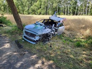 Miejsce wypadku drogowego, rozbity samochód srebrny który uderzył w  drzewo, porozrzucane elementy karoserii.