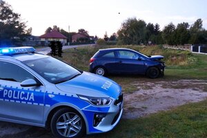 obok stawu stoi niebieski pojazd z uszkodzonym przodem przed nim oznakowany radiowóz policyjny w tle zabudowania