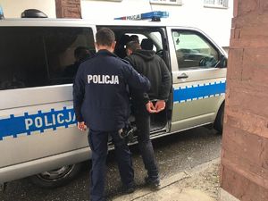 umundurowany policjant wprowadza do radiowozu zatrzymanego