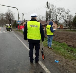 miejsce wypadku śmiertelnego umundurowani policjanci w kamizelkach odblaskowych wykonują oględziny miejsca zdarzenia  dalej widać strażaków