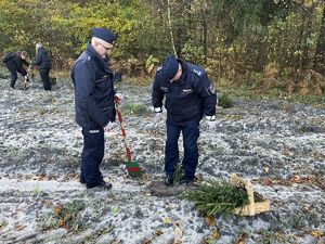 Umundurowany policjant bierze udział w akcji sadzenia lasu.