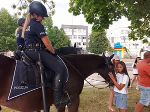 Piknik przed budynkiem komendy, rozstawione są namioty wystawców, pojazdy służb mundurowych, osoby odwiedzają stoiska.