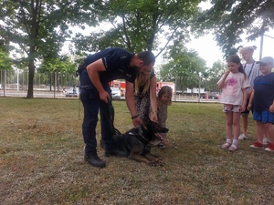 Piknik przed budynkiem komendy, rozstawione są namioty wystawców, pojazdy służb mundurowych, osoby odwiedzają stoiska.