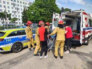 Piknik przed budynkiem komendy, rozstawione są namioty wystawców, pojazdy służb mundurowych, osoby odwiedzają stoiska.
