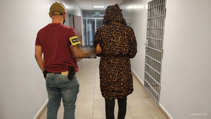 Nieumundurowany policjant z opaska na ramieniu z napisem POLICJA prowadzi zatrzymaną kobietę na korytarzu policyjnego aresztu.